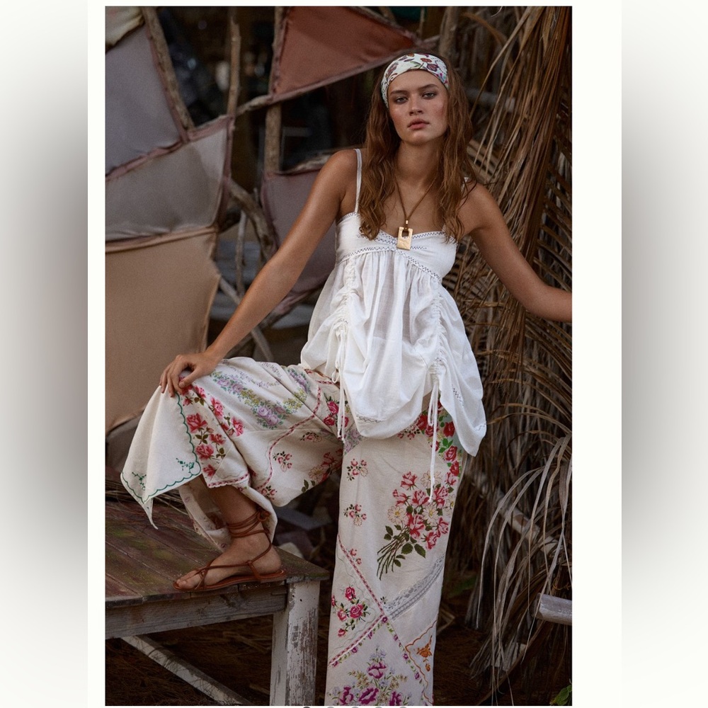 ANTHROPOLOGIE NWT PATCHWORK LINEN WIDE LEG CROP PANTS - Picture 2 of 6